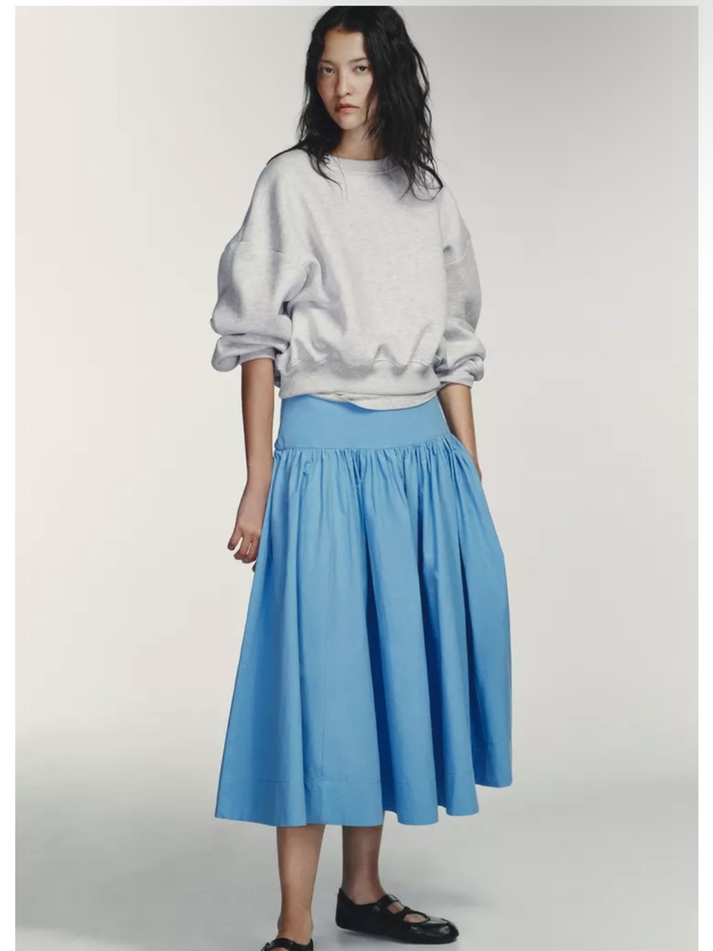 Zara Sky-Blue Gathered Midi Skirt